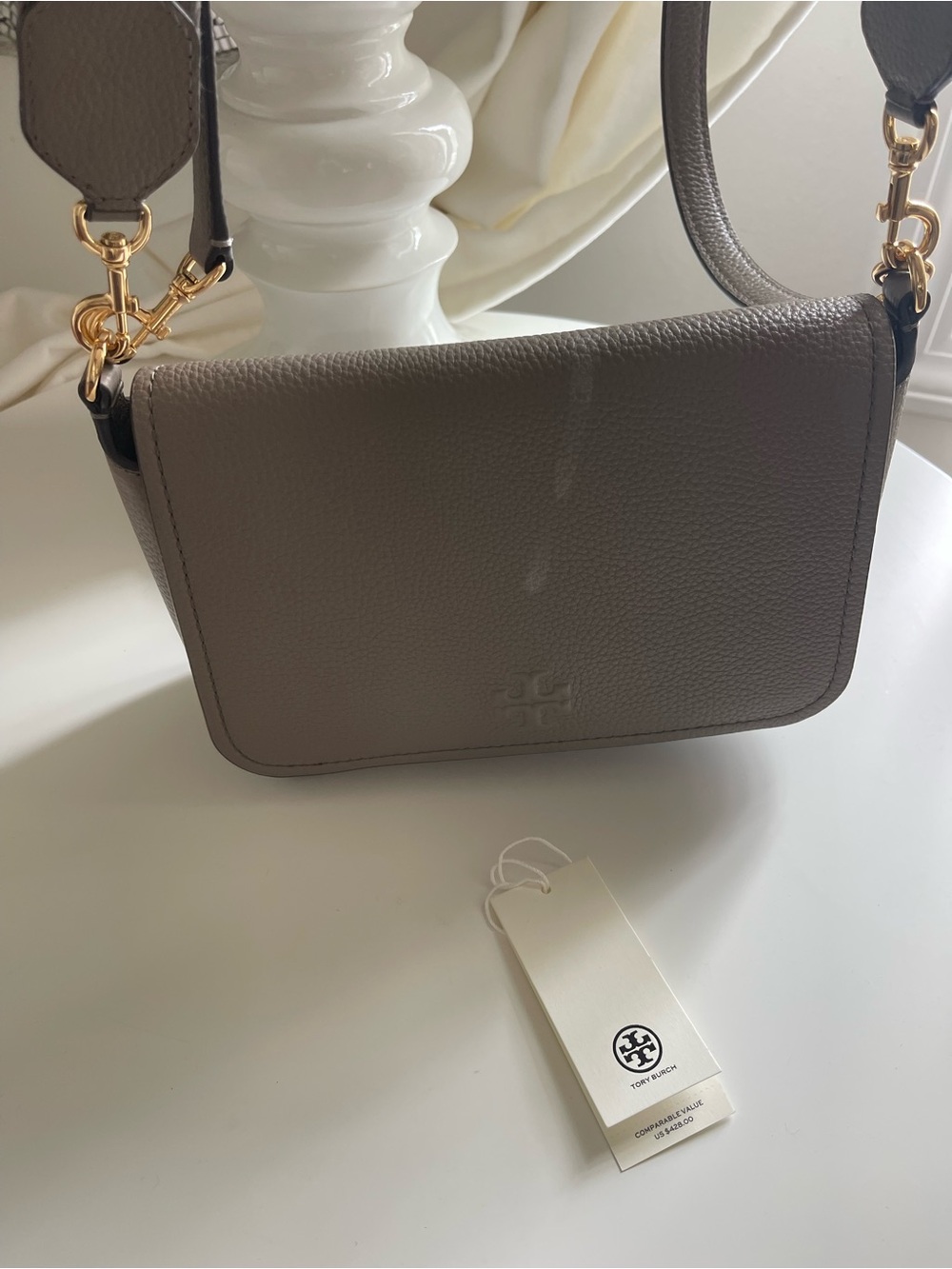 Tory Burch Pebbled Leather Crossbody in Taupe with Gold Hardware